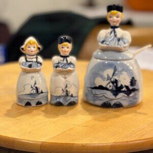 Vtg DELFT style Salt Pepper Shakers  & Sugar Dish Hand Painted Windmill JAPAN